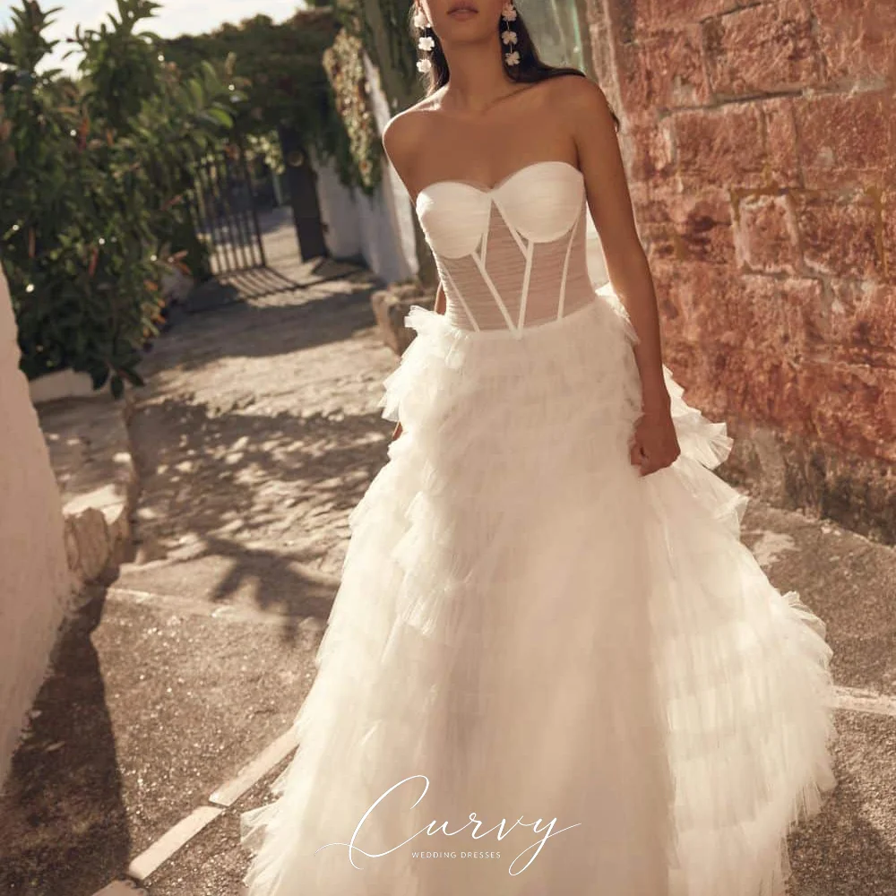 Curvy Elegant Minimal Formal Sweetheart Strapless Layer Ruffle Tulle A Line Train Wedding Dresses for Women Customized 2026