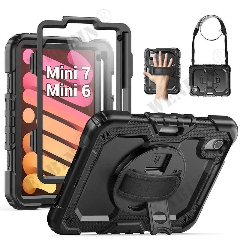 Case For iPad Mini 7 Mini 6 Heavy Duty Rotating Shockproof Stand Hand Shoulder Strap Case Fundas