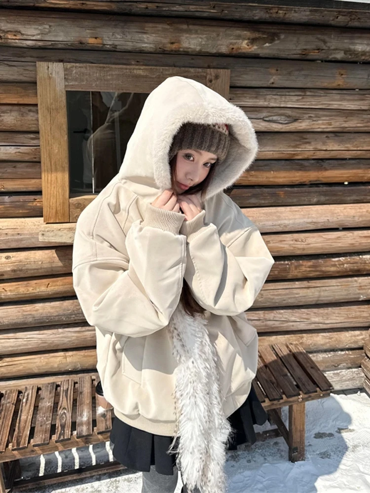 Słodki płaszcz zimowy damski ze skóry PU i bawełny z futrzanym kołnierzem, wzór Orła Górskiego, wyściełany długi płaszcz...