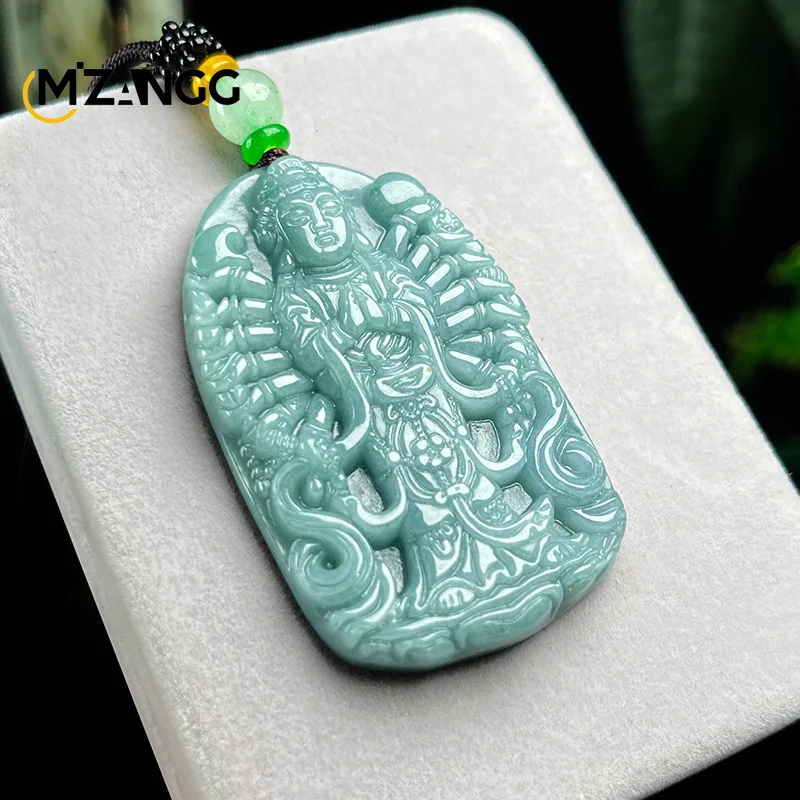 Natural Blue Water Thousand Hands Avalokitesvara Jadeite Pendant Authentic Carved Luxury Fashion Necklace for Men and Women