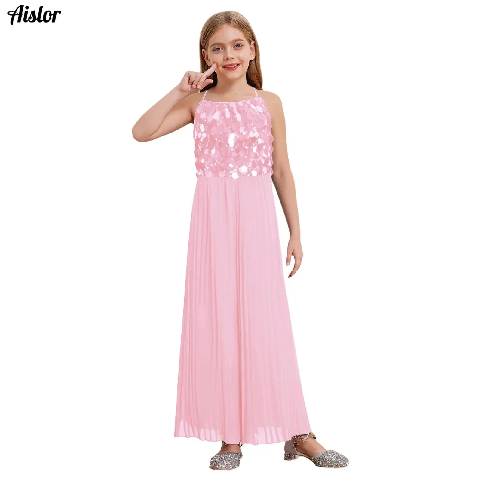 

Children Girls Party Dresses Spaghetti Strap Sparkly Sequin High Waist Wide Leg Pleated Jumpsuit for Wedding Banquet Birthday