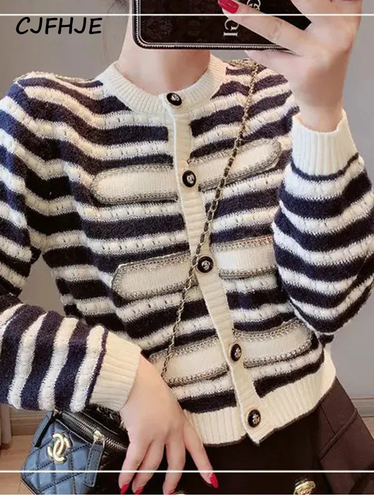 CJFHJE Vintage Blue Stripe Knitted Sweater Coats Women Casual Autumn Winter Loose O-Neck Single-Breasted Cropped Female Cardigan