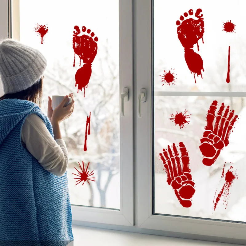 Halloween Decoration DIY Footprint Bloody Wall Stickers Blood Handprints Butcher Scary Horror Zombie Wall Decals Party Supplies