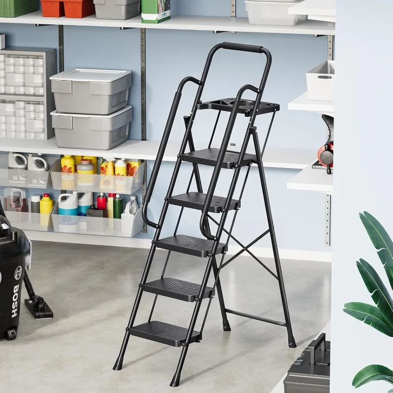 5 Step Folding Steel Ladder - 500 lbs Capacity, Safe-Lock Design - Tool Platform & Handrail