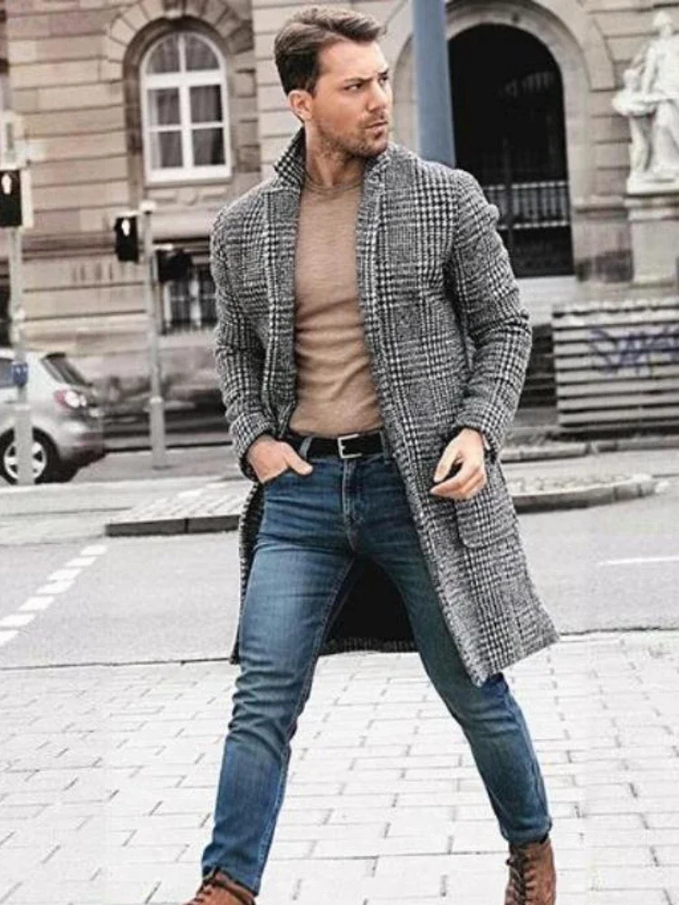 2025Luxury Brands Tweed Coat Men Autumn Winter Long Sleeve Trench Coat Plaid Vintage Slim Mid-length Windbreaker Outerwear
