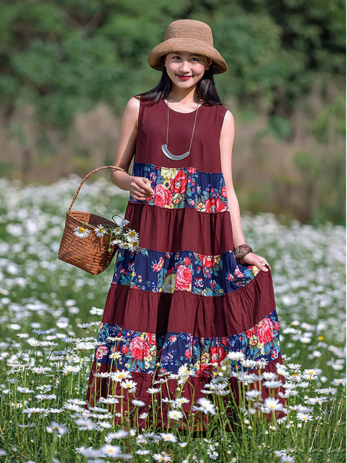 Style ethnique loisirs coton lin robes sans manches femmes été Floral Patchwork bohème ample grande balançoire Maxi longue robe