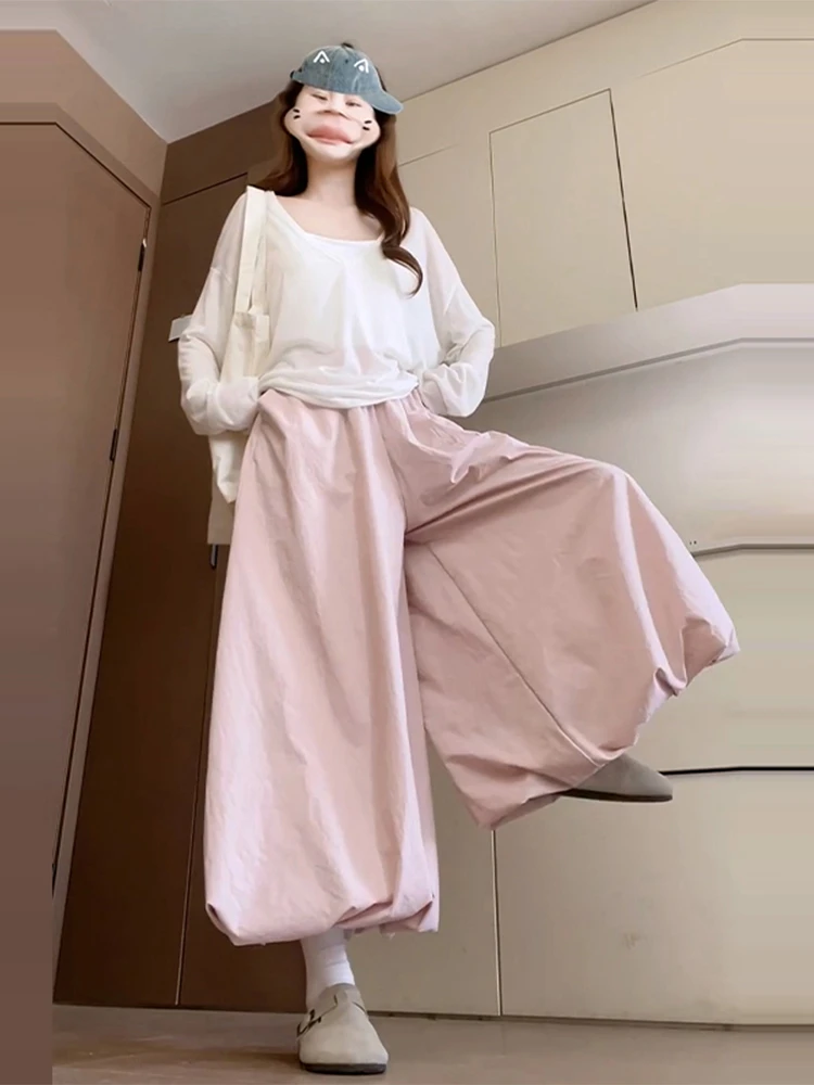 

Корейские розовые брюки-юбка с цветочным принтом, женские летние новые свободные драпированные повседневные брюки с широкими штанинами, милые длинные брюки