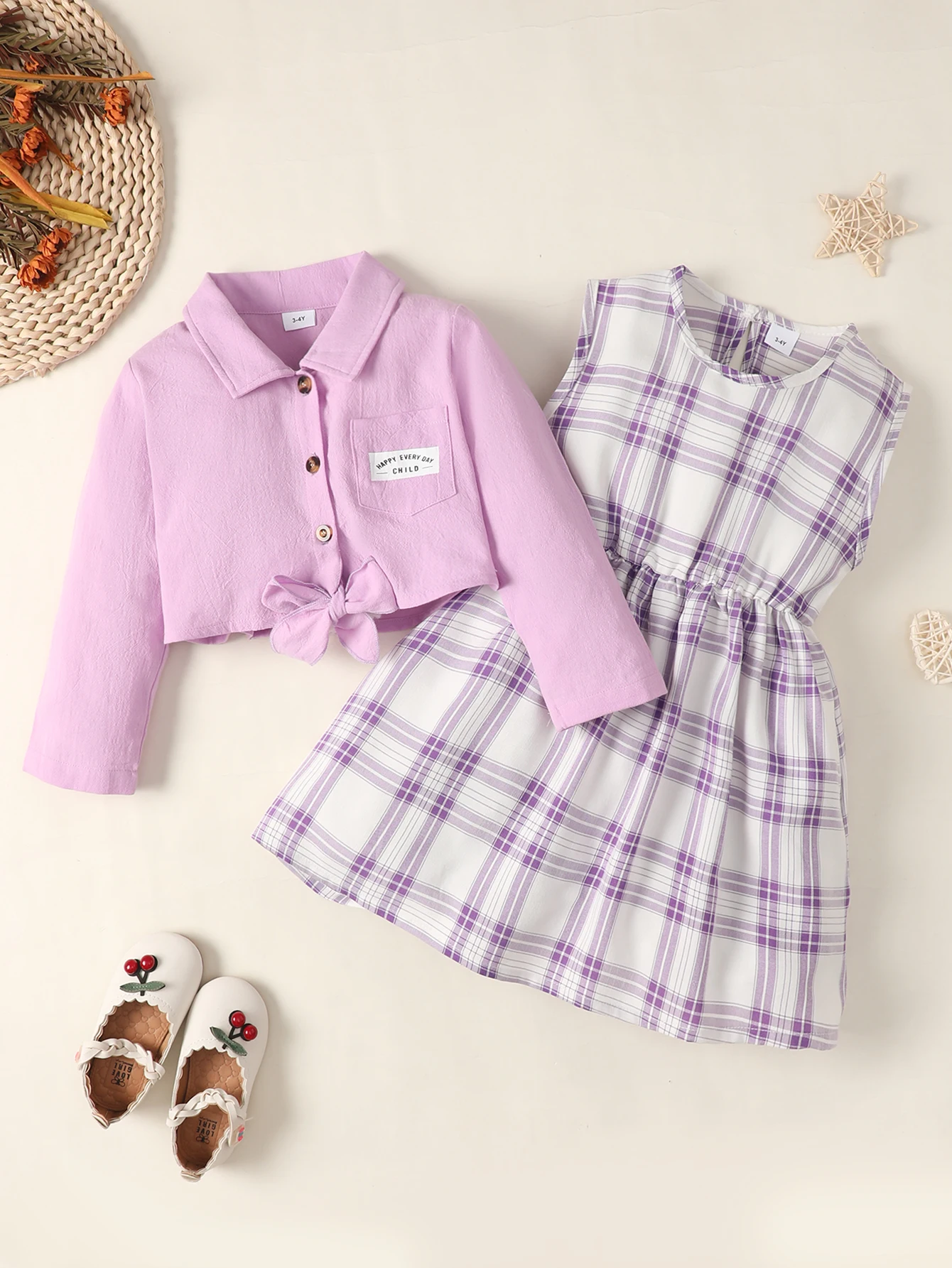 

1-6 Years Kids Girl Clothes Set Long Sleeve Shirt Cardigan + Sleeveless Plaid Dress Fashion 2PCS Retro Casual Daily Outfit