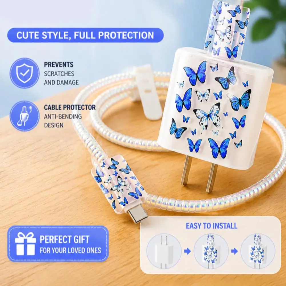Cable Charger Protector Case for IPhone 15 14 13 16 20W Charger Protection Cover Butterfly Style Cord Winder Spiral Protective ﻿