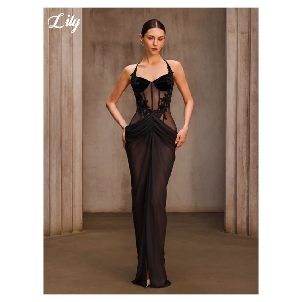 

Lily Black Halter Prom Dress Lace Applique Corset Evening Dress with Sheer Mesh Draped Chiffon Mermaid Party Gown Customized