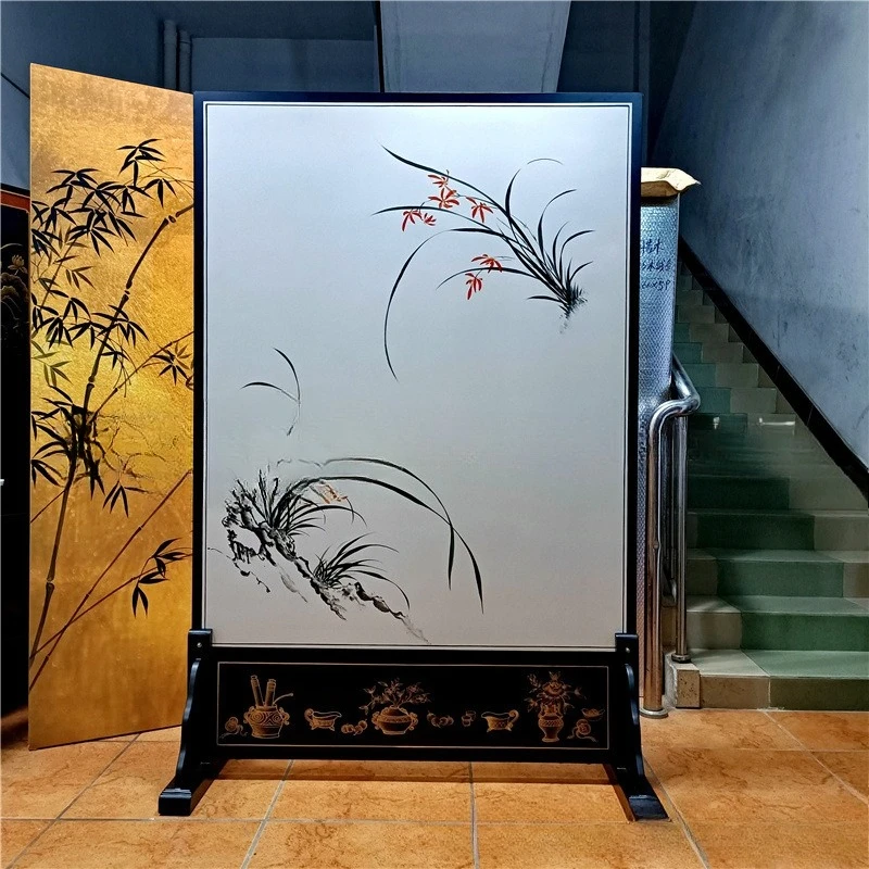 Chinese hand-painted bamboo gold foil flower and bird screen living room meeting room sofa background wall decorative partition