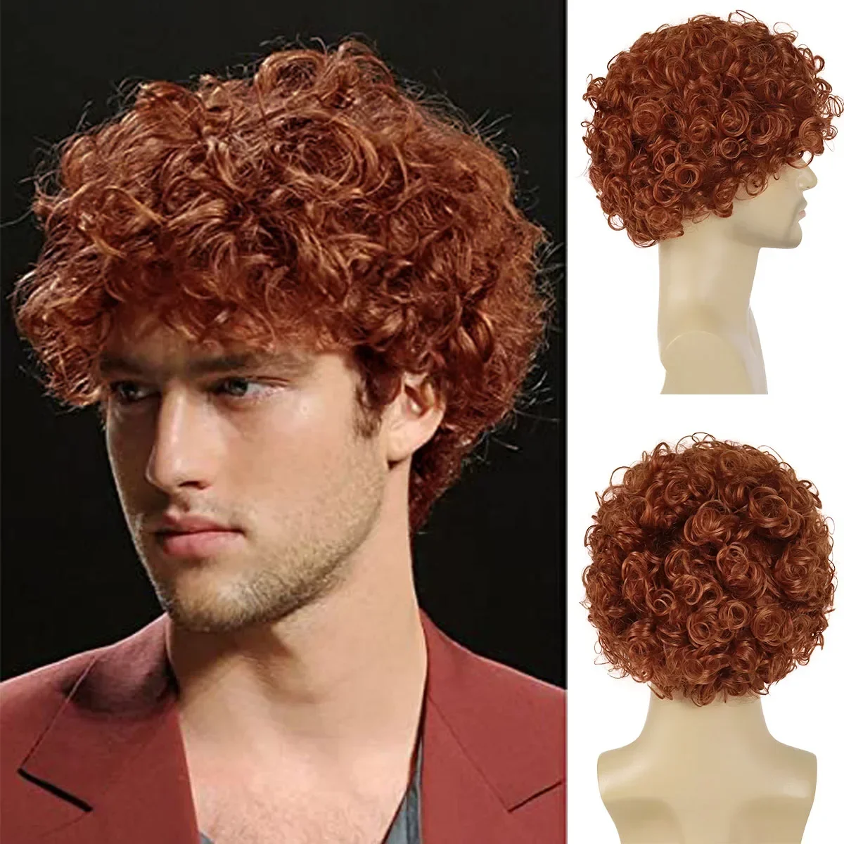 

GNIMEGIL Synthetic Orange Brown Hair Afro Curly Wigs for Man Short Wig with Bangs Natural Curls Fluffy Hairstyle Cosplay Costume