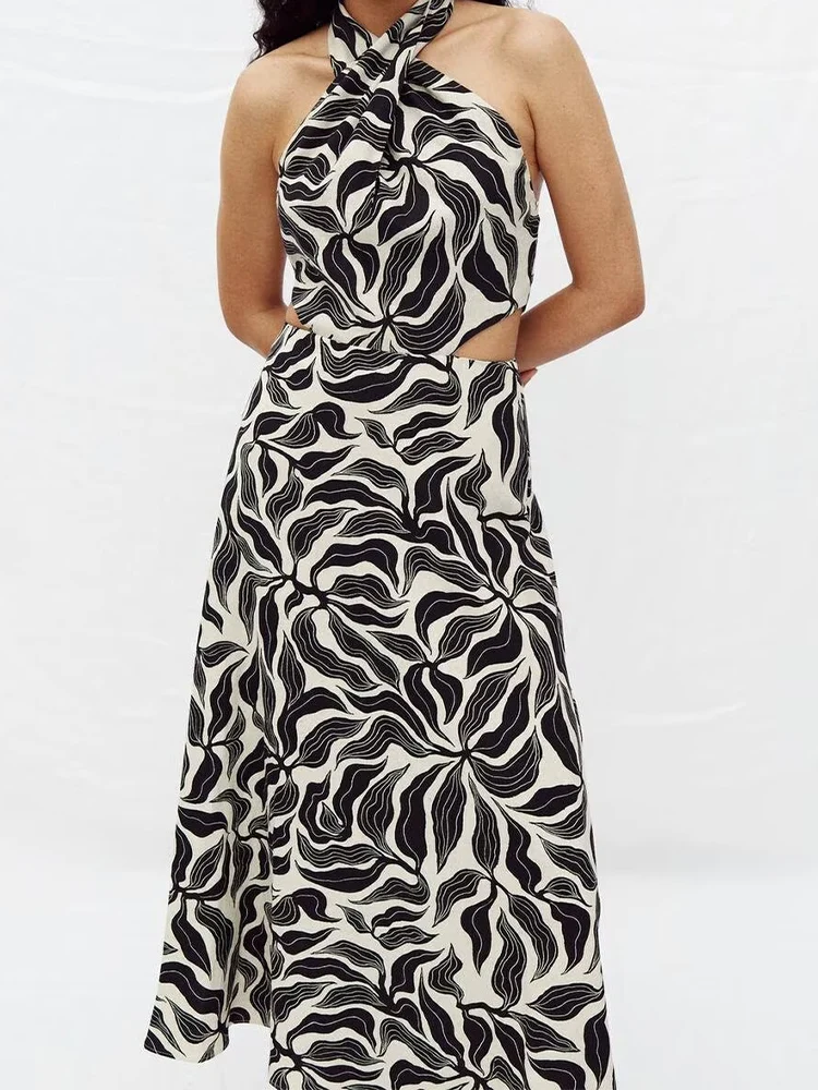 

European and American style summer new fashion trend temperament women's sexy backless linen blend halter neck midi dress