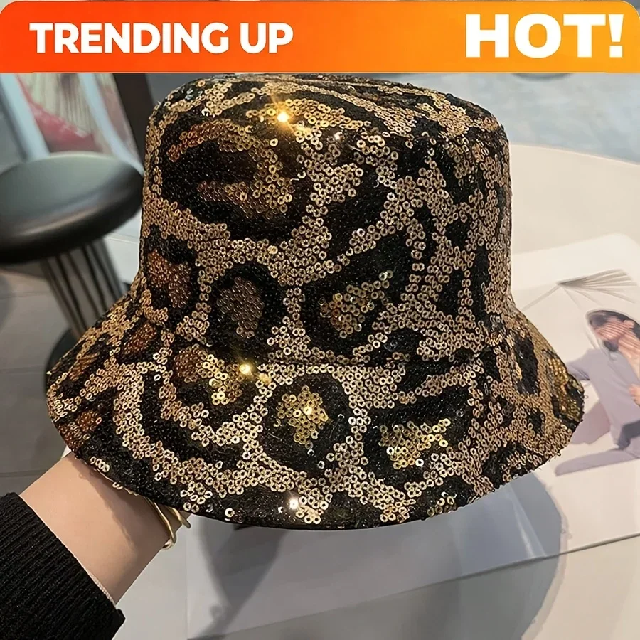 Customization A Reversible Sequin Leopard Print Bucket Hat For Women, Featuring A Style, Made Of Soft And Breathable Polyester F