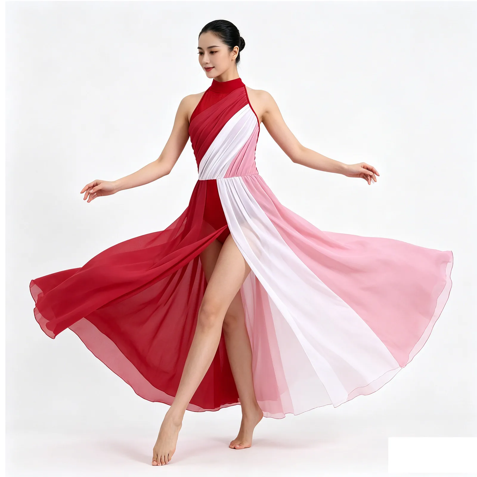 Womens Gymnastics Lyrical Ballet Jersey Dance Costumes Sleeveless Mesh Tulle Flowy Maxi Long Dress Modern Contemporary Dancewear