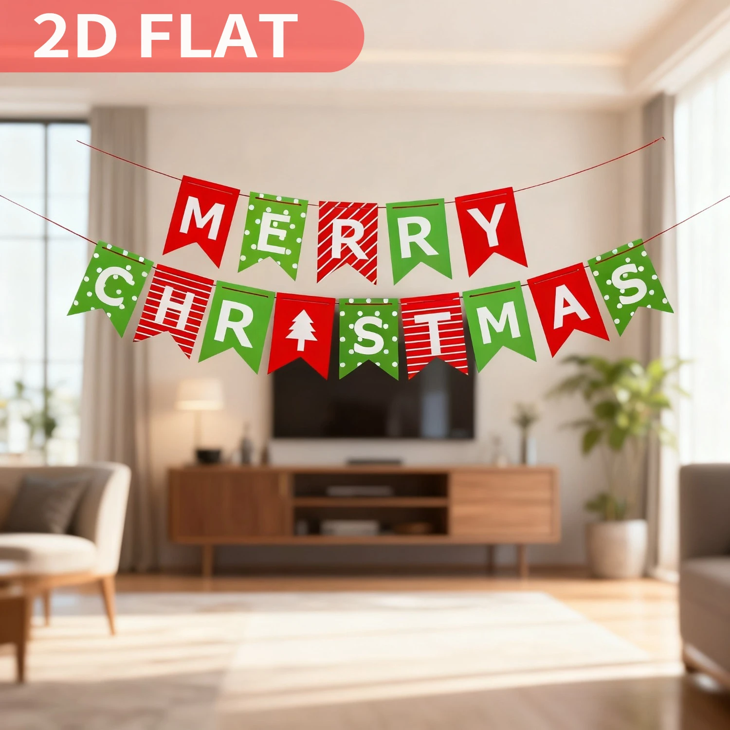 

14pcs Merry Christmas Party Banner, Polyster Red Green Xmas Decorations Sign with String for Fireplace/Wall/Window, 5x7 Inch