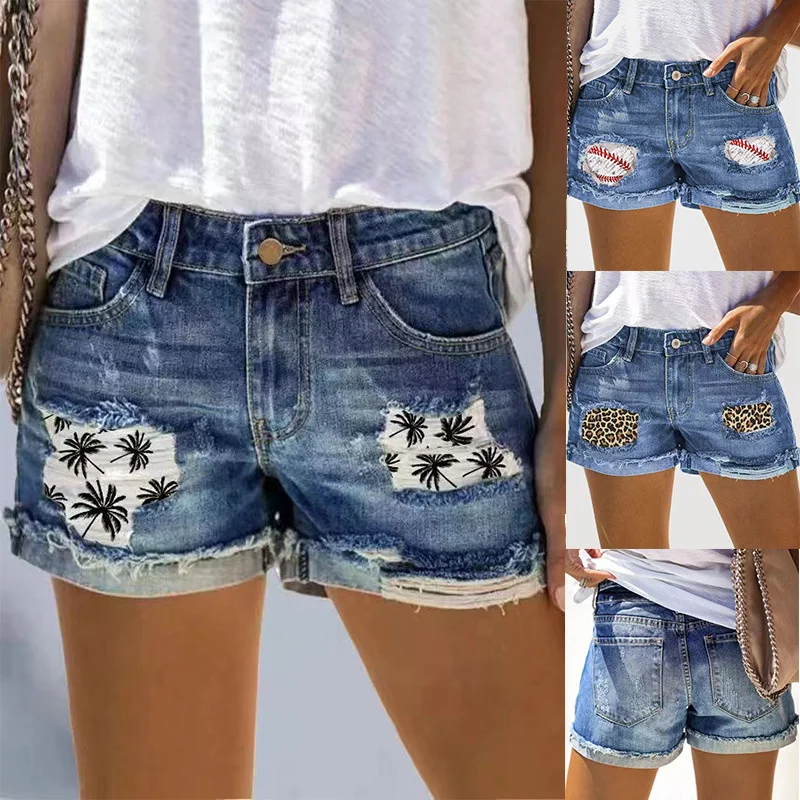 

Streetwear Perforated leopard Patch New Fashion Baggy Denim Shorts Women Vintage Popular Casual High Waist Denim Shorts