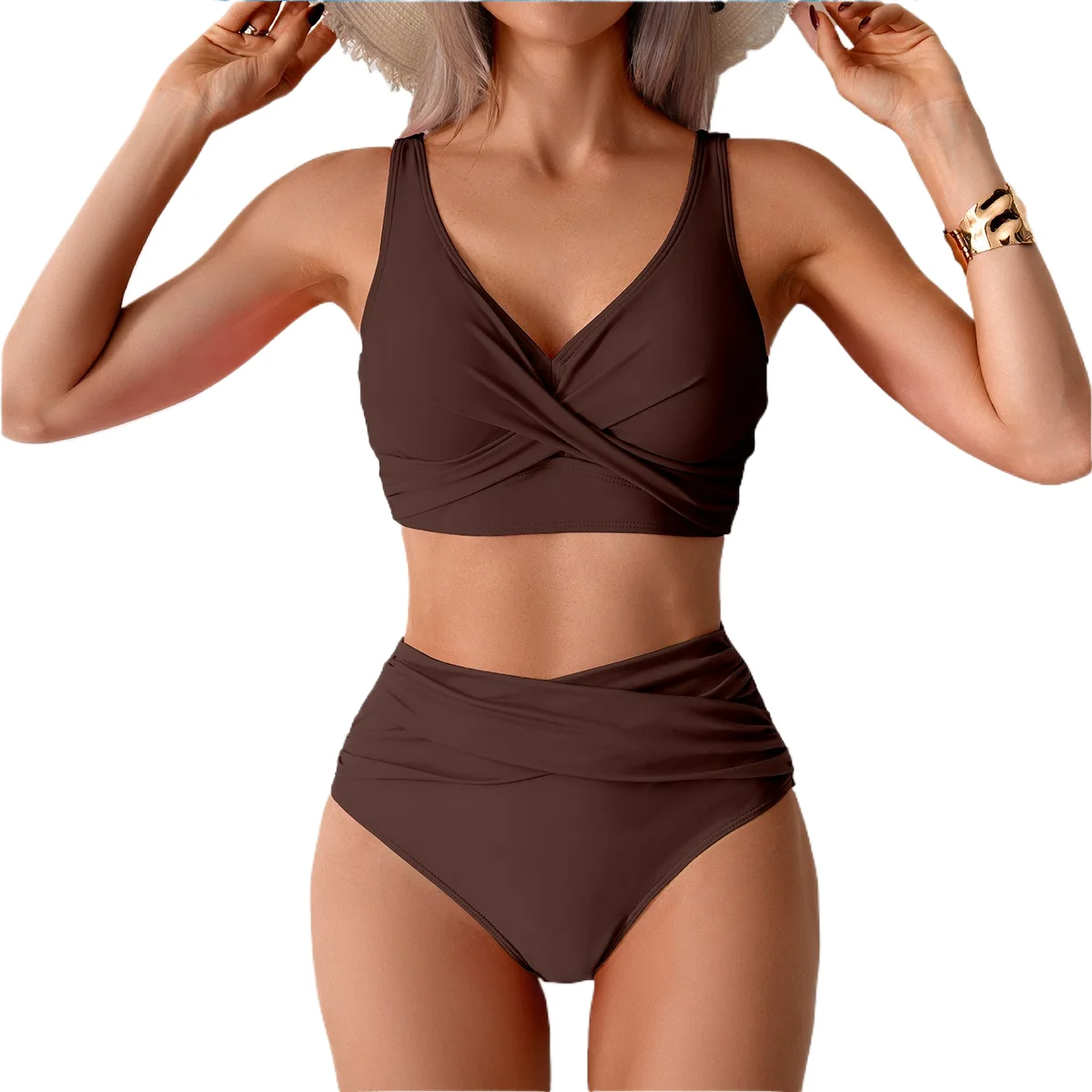2026 New Style Sexy Women's Bikini 10 Color Solid Color High-Waisted Separate Swimsuit