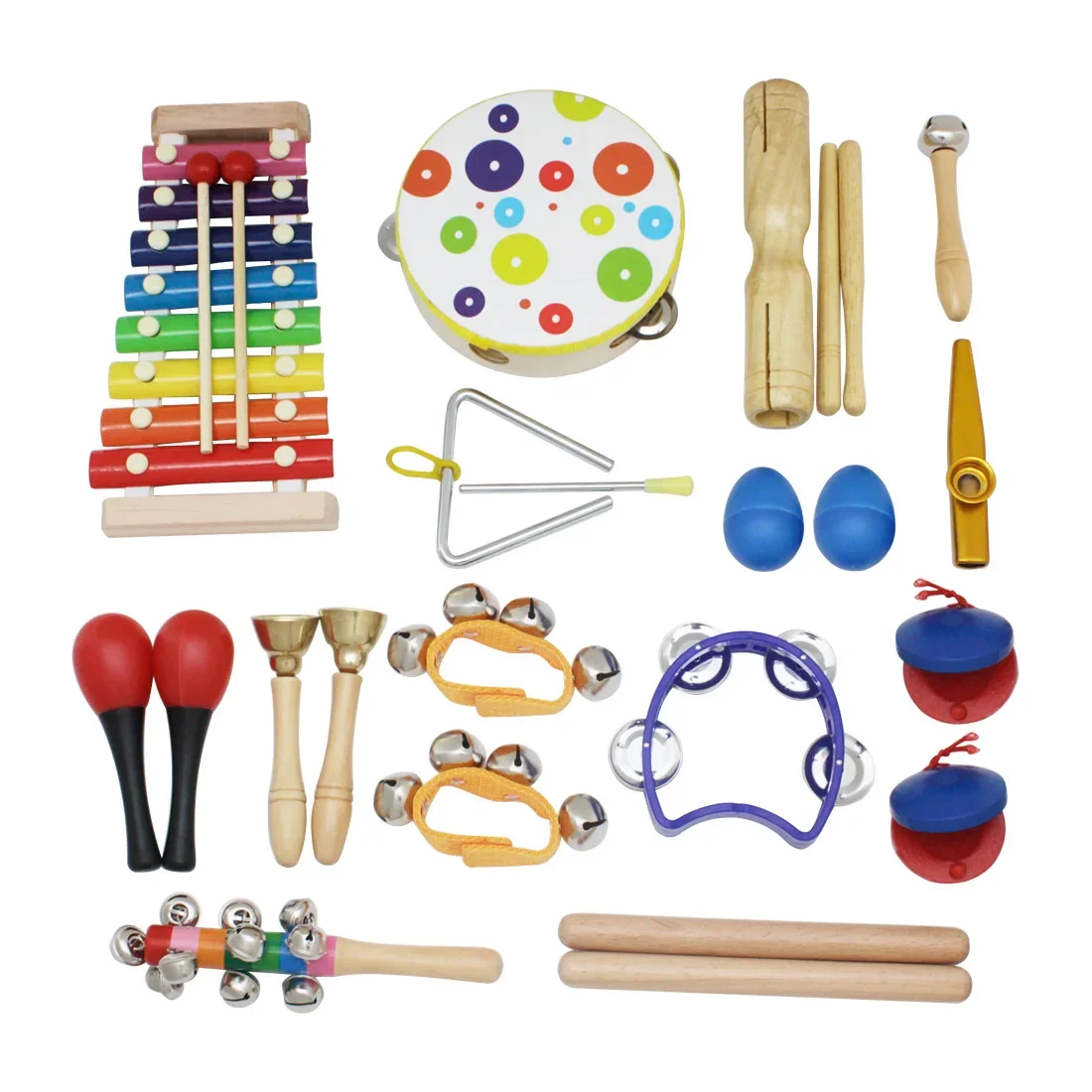 Strumenti musicali in legno giocattoli xilofono armonica Macaras sonaglio flauto tamburo Castanets Kazoo bambini primi giocattoli educativi