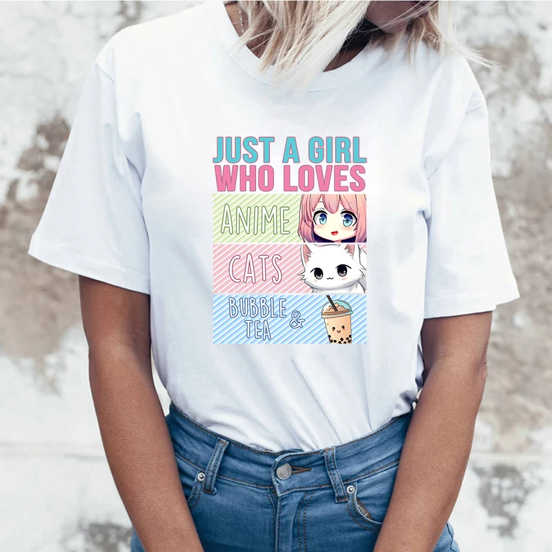 Just A Girl Who Loves Anime Cats Boba T-Shirt Women T Shirt Cosplay Clothes Streetwear Tee Shirt Plus Size Tops