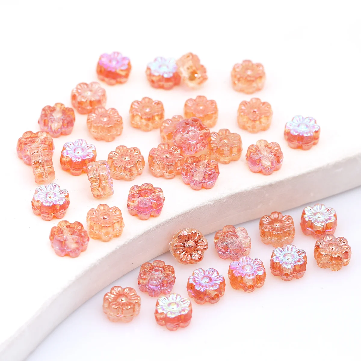 10pcs/20pcs 7mm Transparent Aurora Shine Small Flower Glass Beads, Gradient Sunset Floral Loose Beads for Handmade