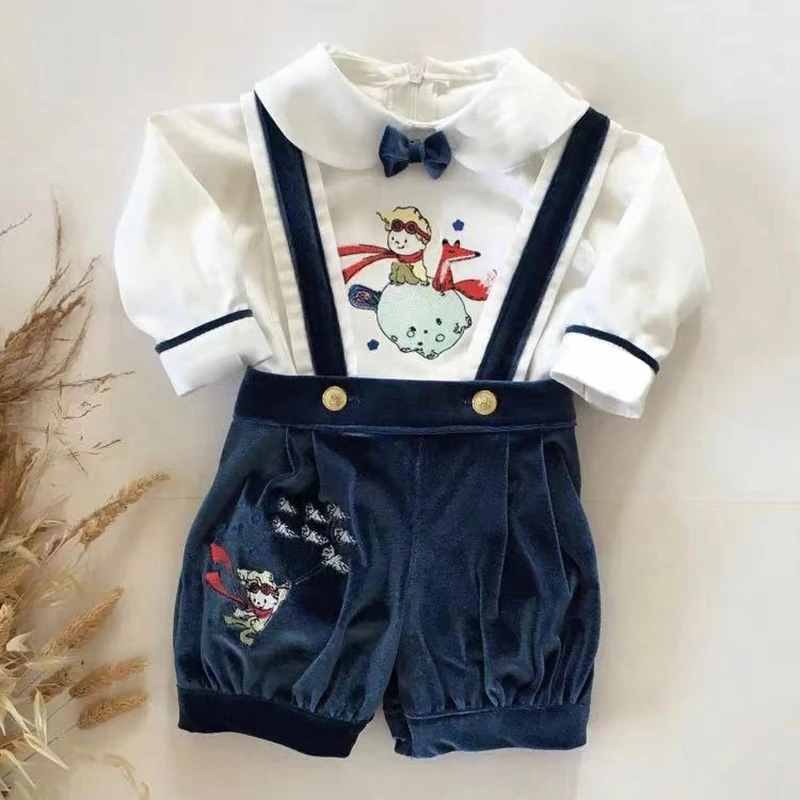 Baby Boy Autumn Navy Blue Velvet Little Prince Fox Embroidery Vintage for Eid Causal Birthday Photography