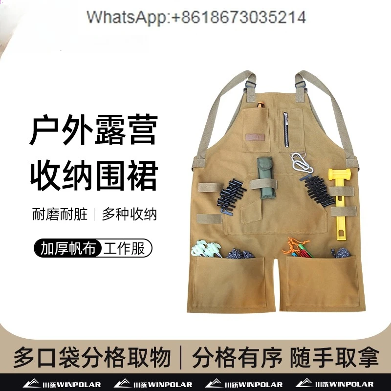 Outdoor camping apron multi-functional half-body waterproof barbecue overalls windproof thickened canvas
