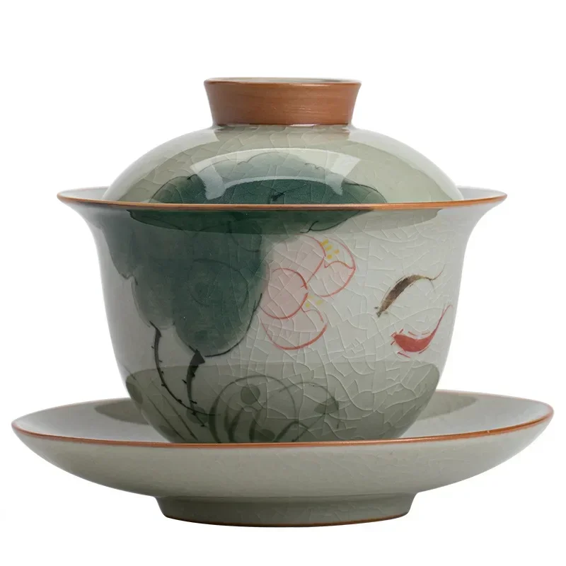 Retro Hand-Painted Gaiwan Tea Cup, Ge Kiln, Single Teaware, Non-Scald, Tea Brewing Bowl, High-End, Household,Master Tea Set