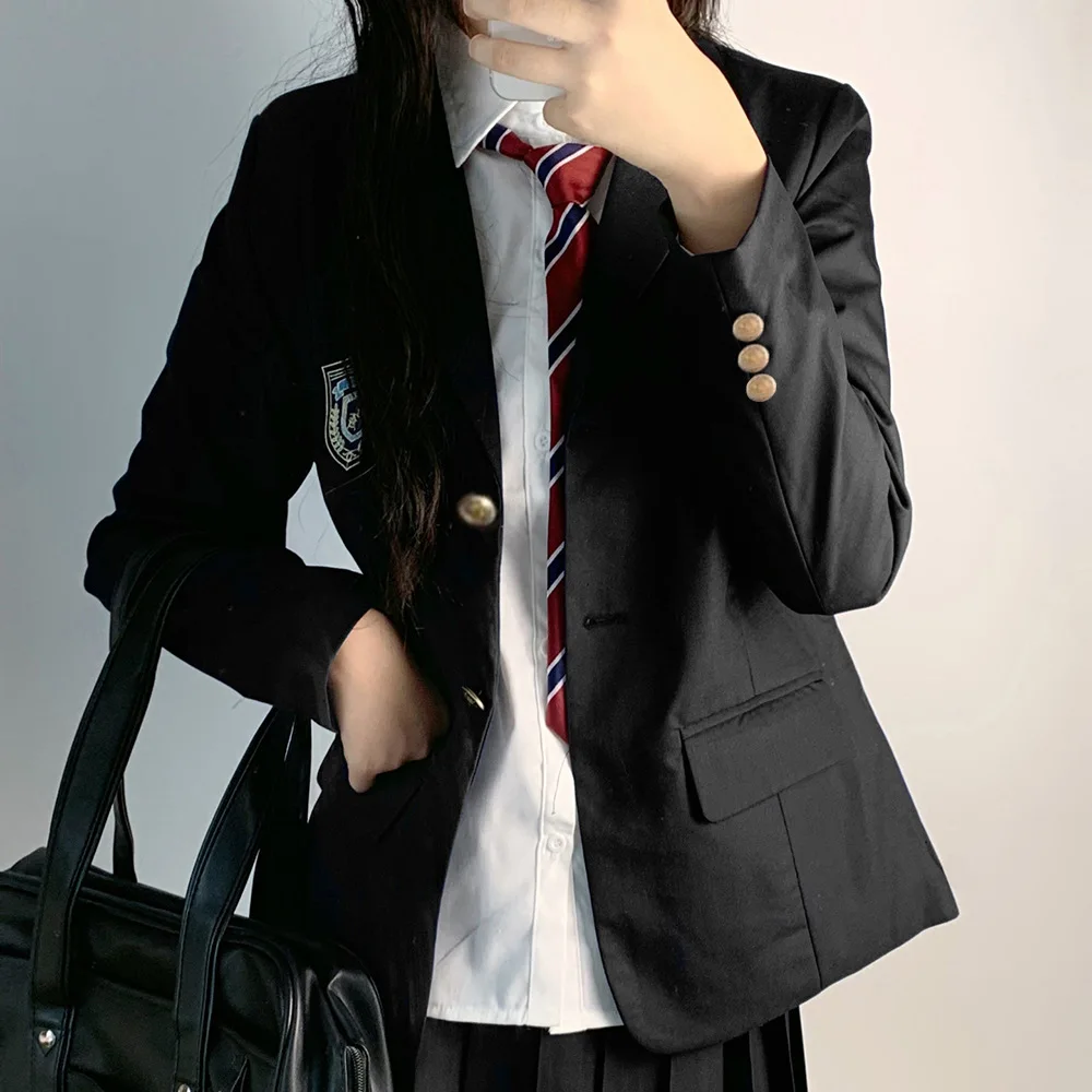 Women Suit Japanese School Uniform Jk Suit Girls Black Suit Thin Pleated Skirt Shirt Tie Four-piece Student Uniform