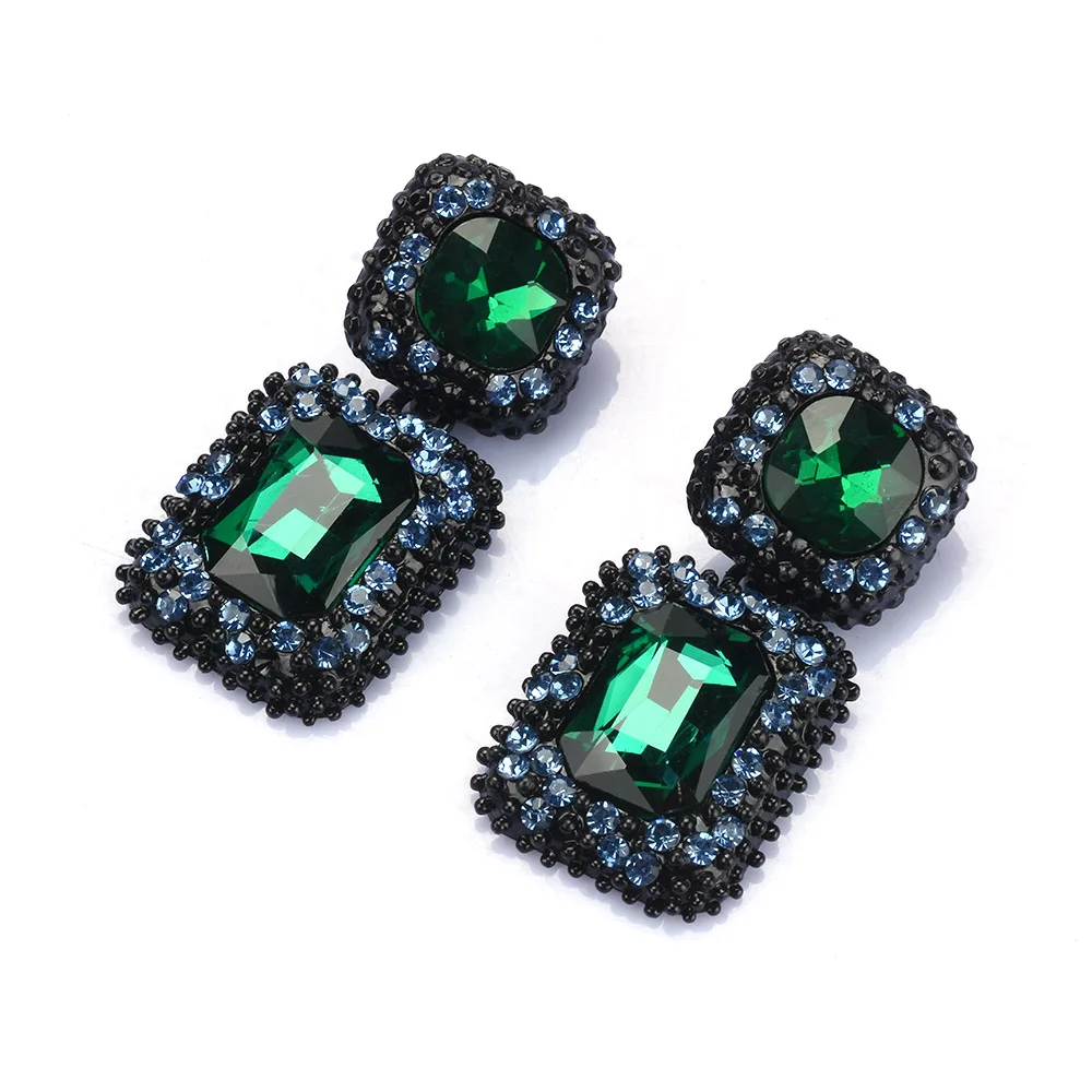 2024 New Green Red Blue Clear Crystal Rhinestones Square Geometric Statement Dangle Earrings Women Indian Vintage Big Earrings