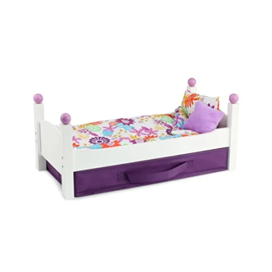 

Emily Rose 18 Inch Doll Furniture - White Stackable Wooden Bed Set with Colorful Bedding and Large Clothes and Accessories Stor