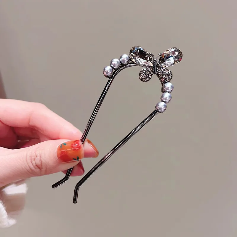 Black Color U-shaped Hairpin Pearl Crystal Butterfly Hair Clasp Bun Hair Comb Ancient Style Hair Accessories for Girls