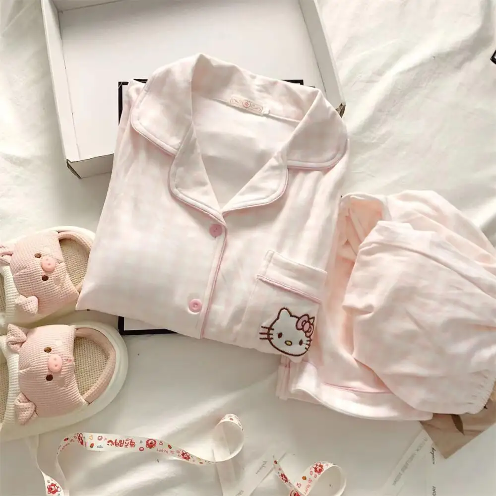 Traje de pijama de dibujos animados de 2 uds para mujer Hello Kitty Sanrio Anime Kawaii invierno cálido dulce niñas lindas ropa de descanso de manga larga ropa de casa