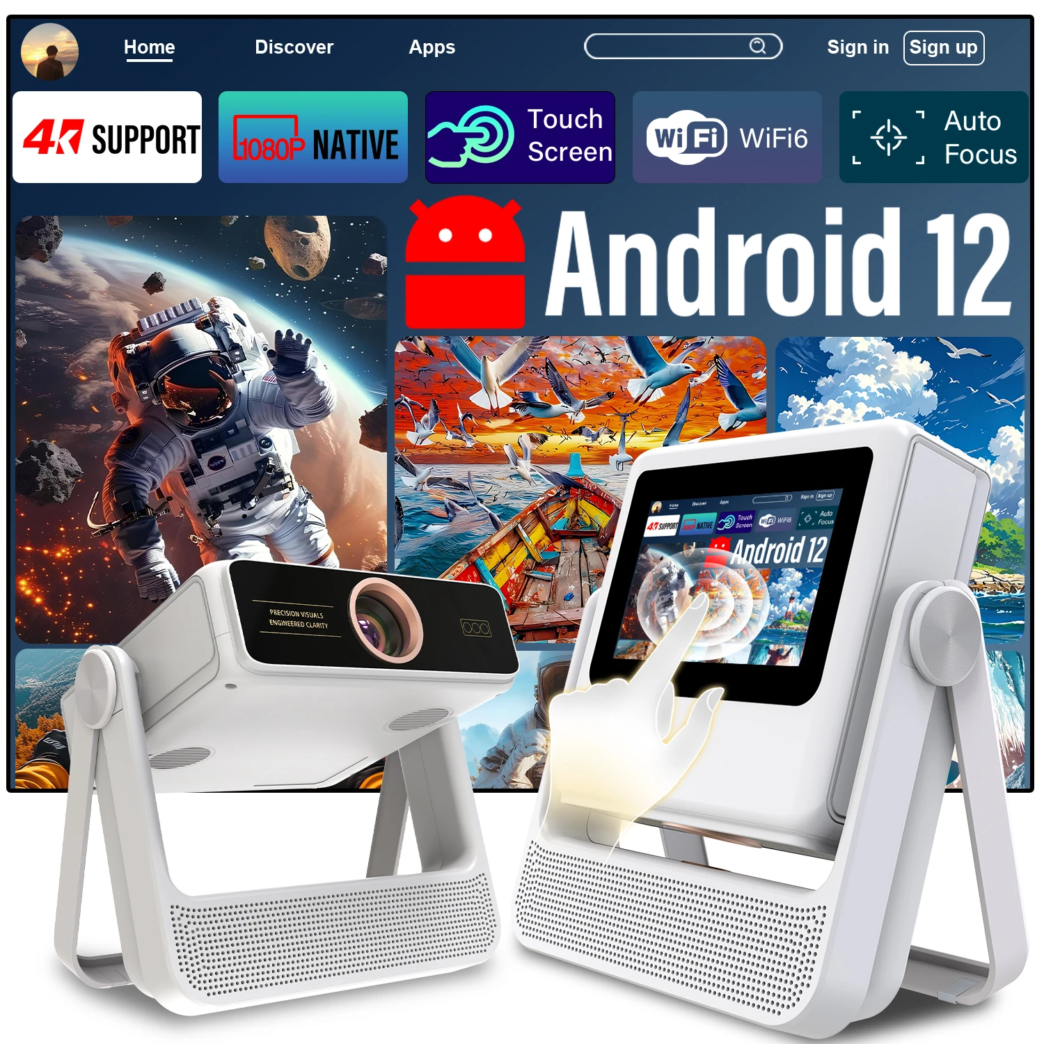 

7 Inch Smart Projector Android 12 Auto Focus 180° Rotate Ceiling View HDMI USB BT Portable Cinema