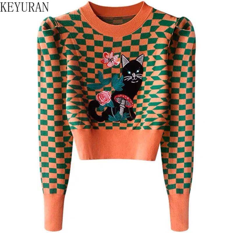 Vintage Cartoon Cat Embroidery Sweater Women\'s Pullover Autumn Winter Puff Sleeve Plaid Kawaii Sweaters Jumper Knitwear Crop Top