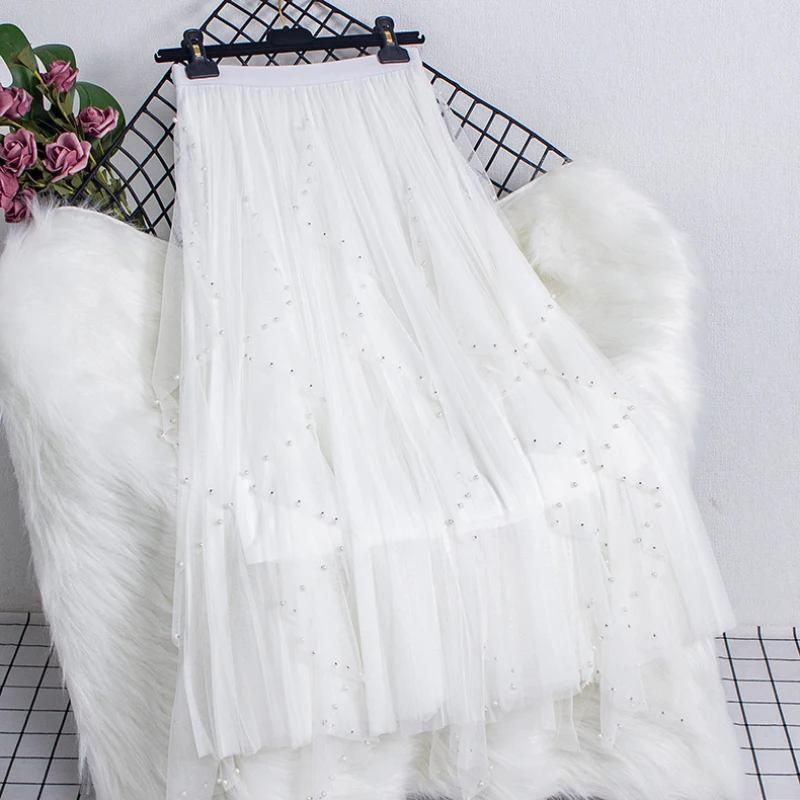 

Роскошная белая юбка из сетки с бисером, с завышенной талией, женская повседневная плиссированная юбка А-силуэта, длинная, летняя модная облегающая юбка до середины икры, женская, 2026
