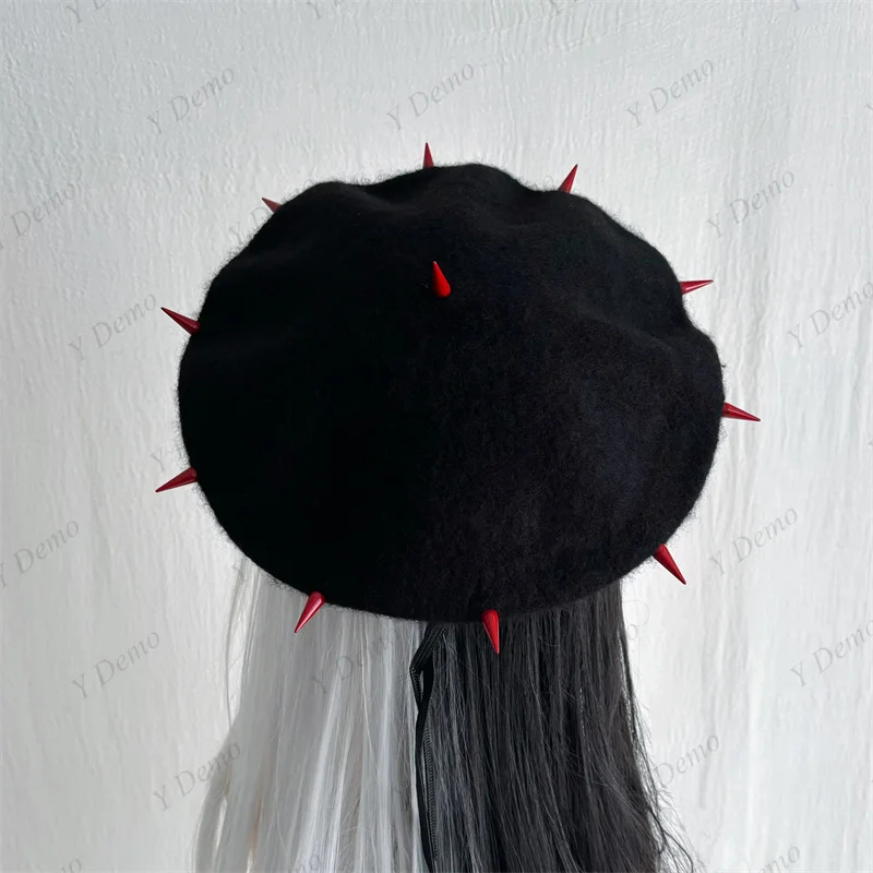 Y Demo Punk Rock Rivets Pu Splicing Women\'s Beret Hat Streetwear Woolen Sparks Adjustable Black Hats