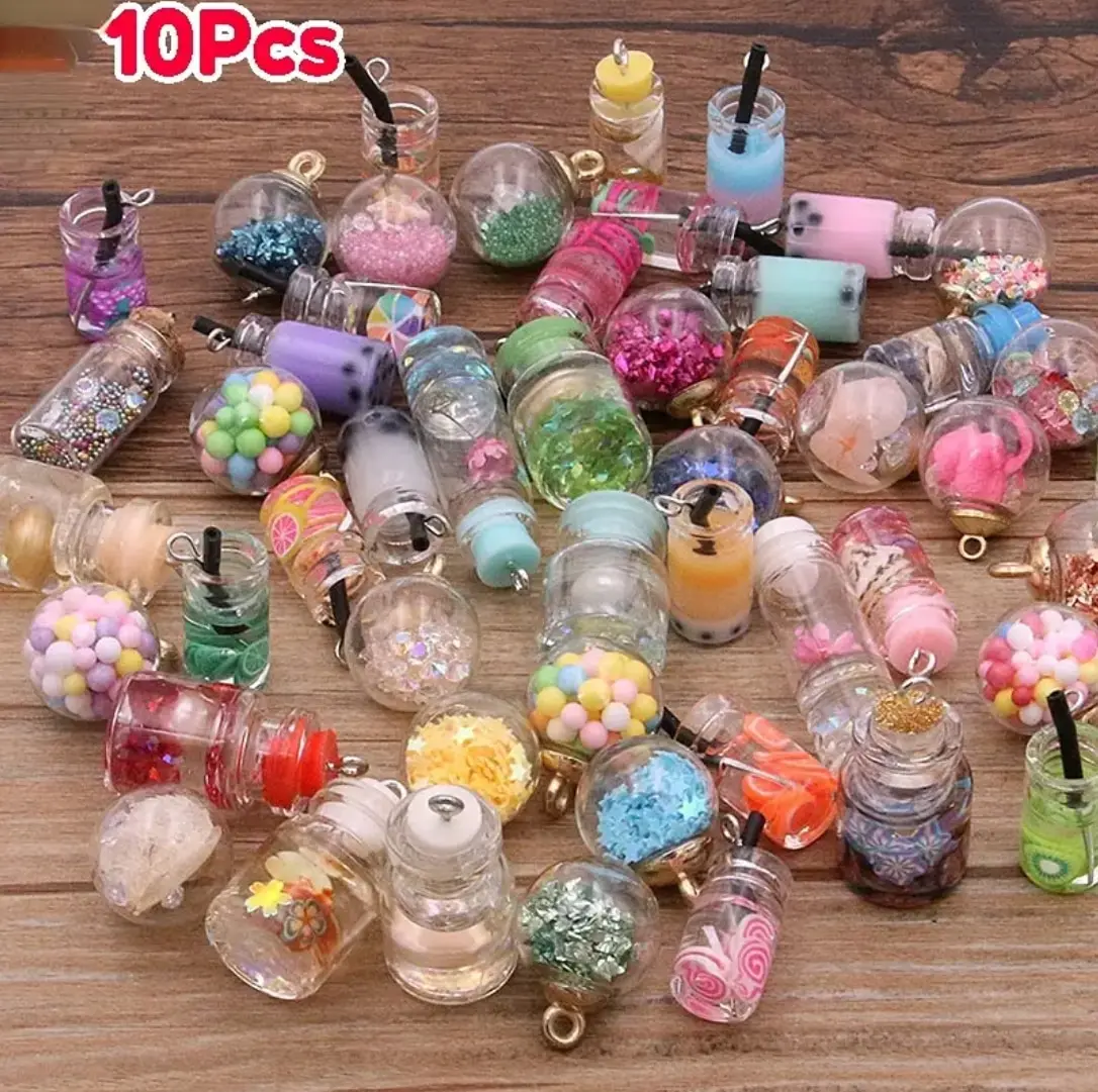 10 Stück Glasflaschen Bubble Tea Cup Stile Mix Ball Ohrring Charms DIY Ergebnisse Schlüssel bund