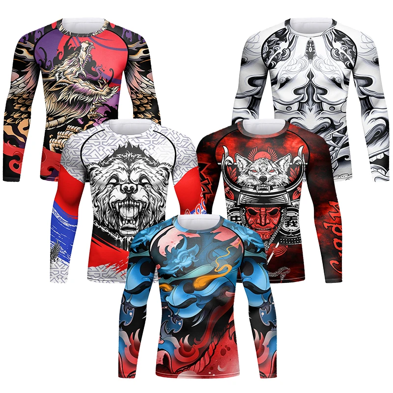 Bjj Mma Rashguard T-shirt Men Muay Thai Boxing Compressed Jerseys Gi Sport Anti Shrink Men Long Sleeve Sublimation Shirt Tees