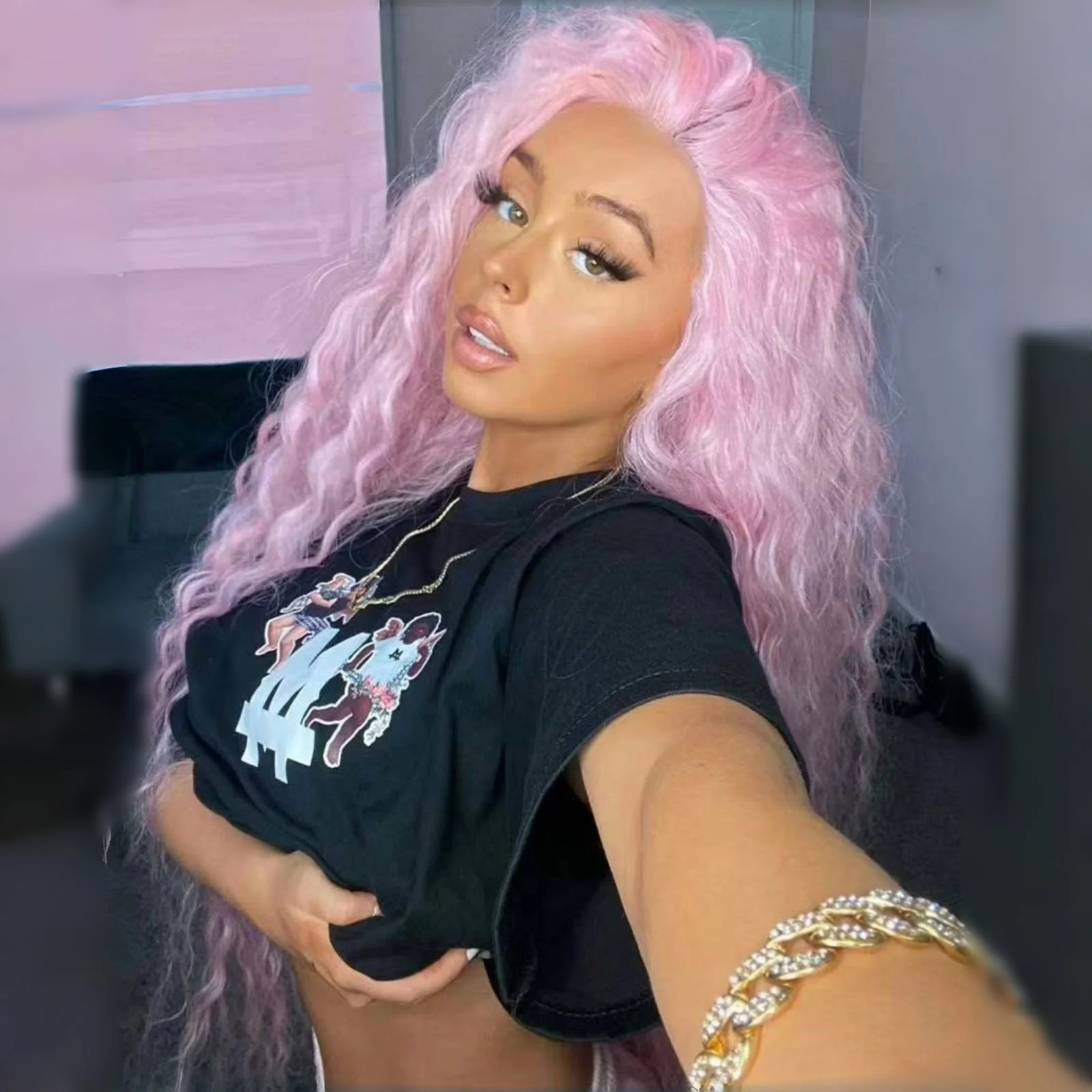 Light Pink Wig Deep Curly Synthetic Lace Front Wig Glueless Frontal Pastel Long Pink Hair Lace Wigs for Women Party Cosplay