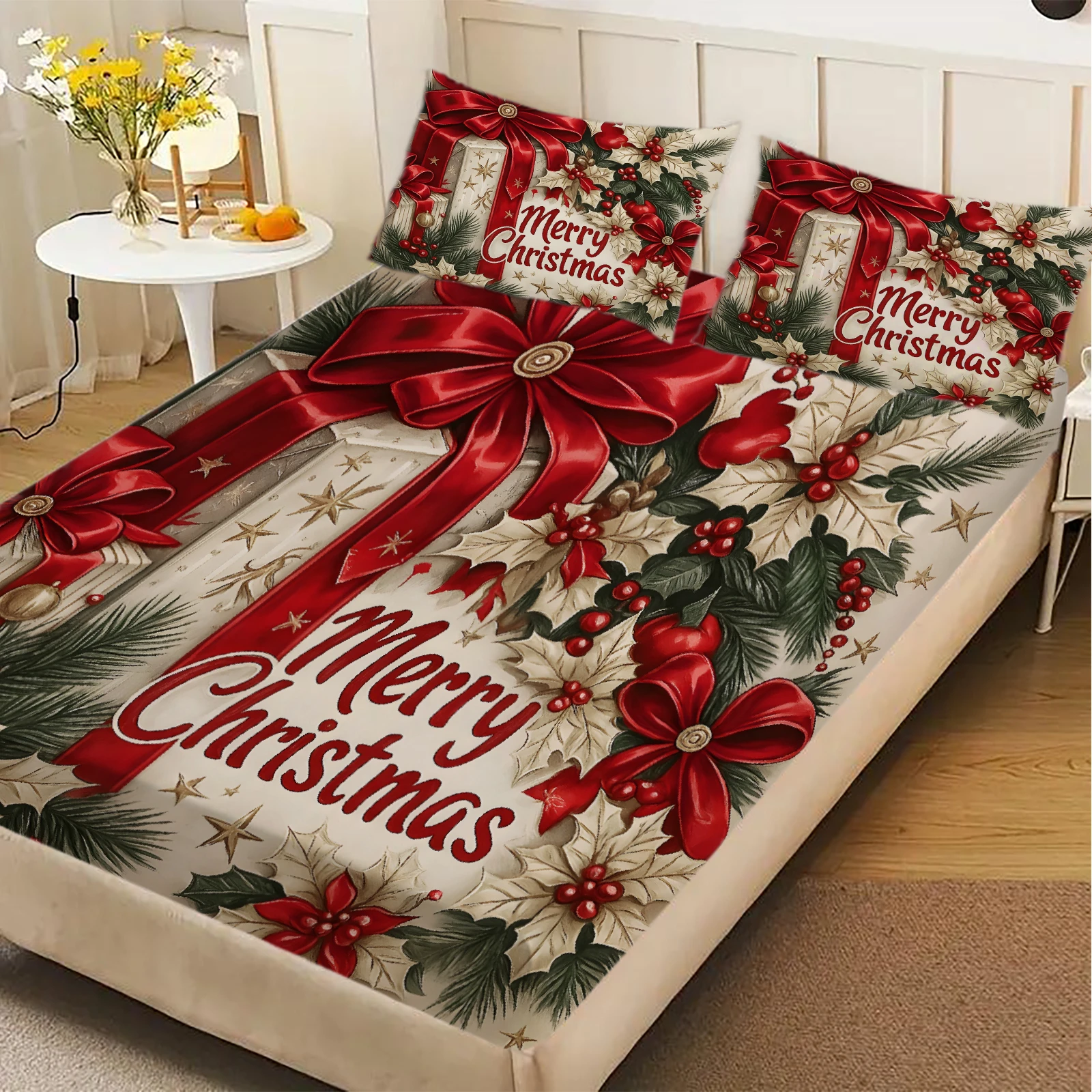 

1pc Fitted Sheet Marry Christmas Bow Print 100% Polyester Durable Bedding Set Sheet ffor Home Bedroom Decoration New Year Gift