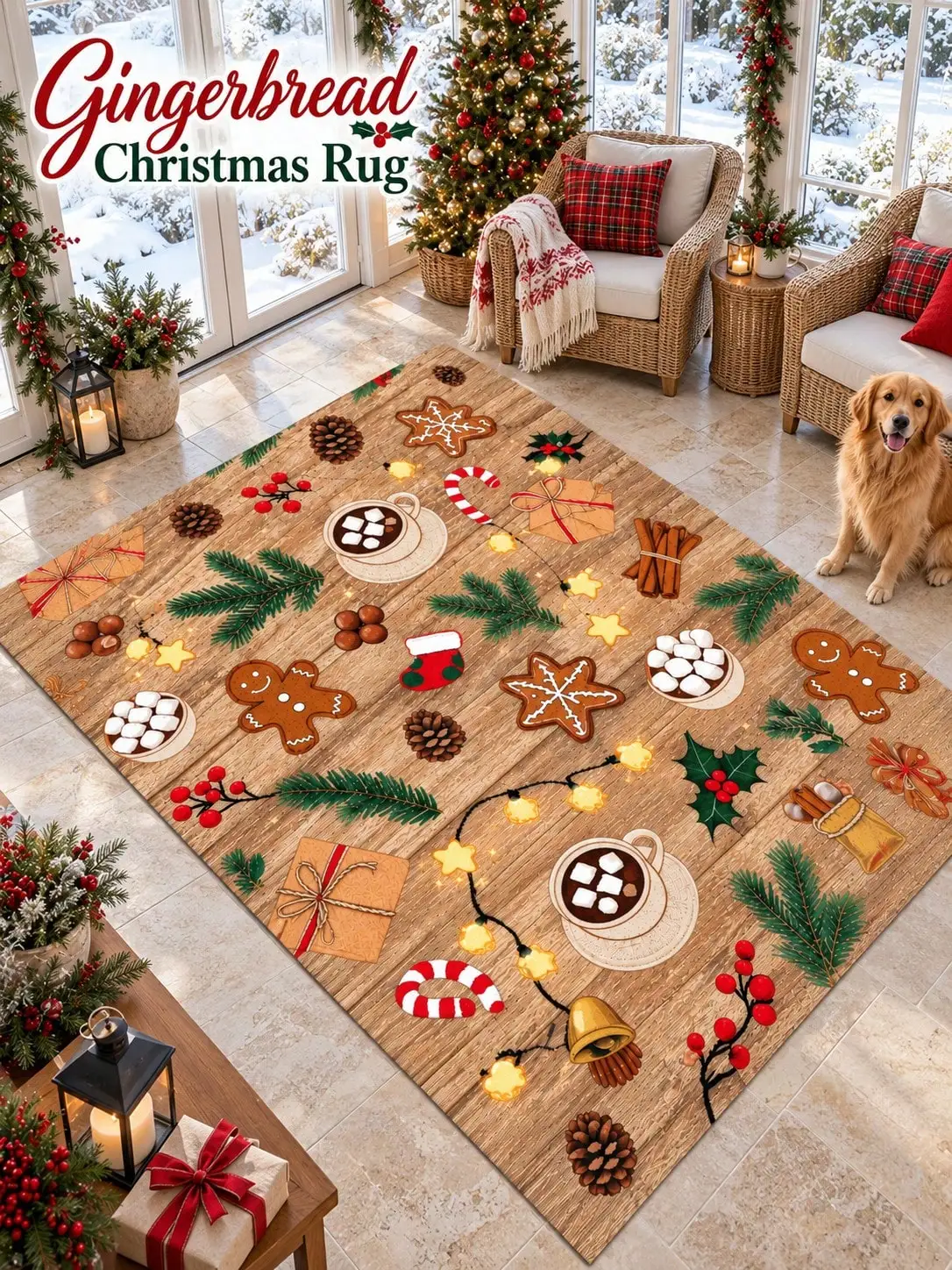 Christmas Rug Gingerbread Cookies Cocoa Living Room Bedroom Entryway Hallway Floor Carpet Gift for Family Friends Neighbors Winter Thanksgiving Birthday Anniversary Housewarming Apartment Cottage Home Styling Sofa Side Reading Nook Holiday Gathering