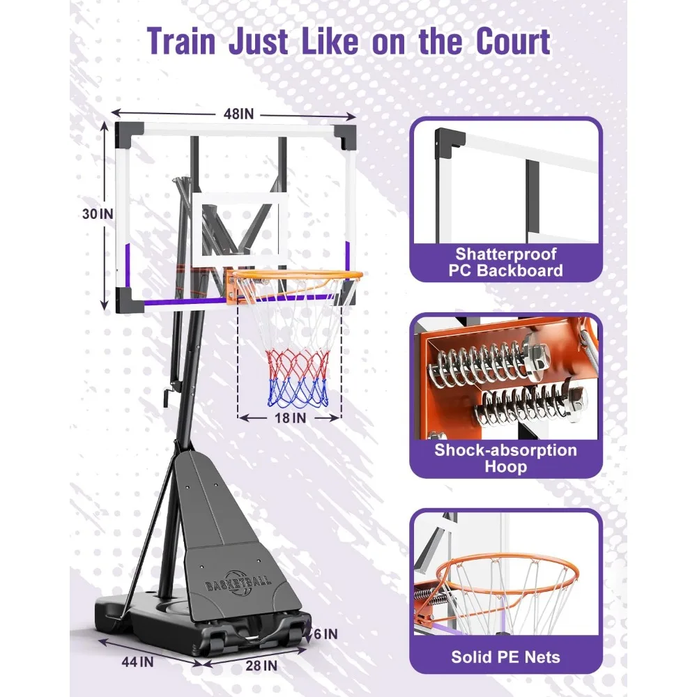 Баскетбольное кольцо для улицы с регулируемой высотой и небьющейся пластиной ПК, портативное, 44/48 дюймов, диапазон высоты 5,25–10 футов, идеально подходит для