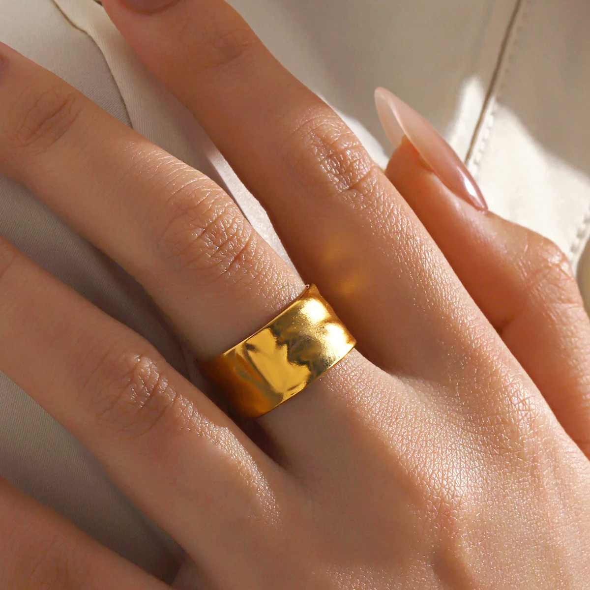 Irregular Geometric Chunky Opening Rings for Women Stainless Steel Gold Color Texture Ring Wedding Waterproof Jewelry Girls Gift