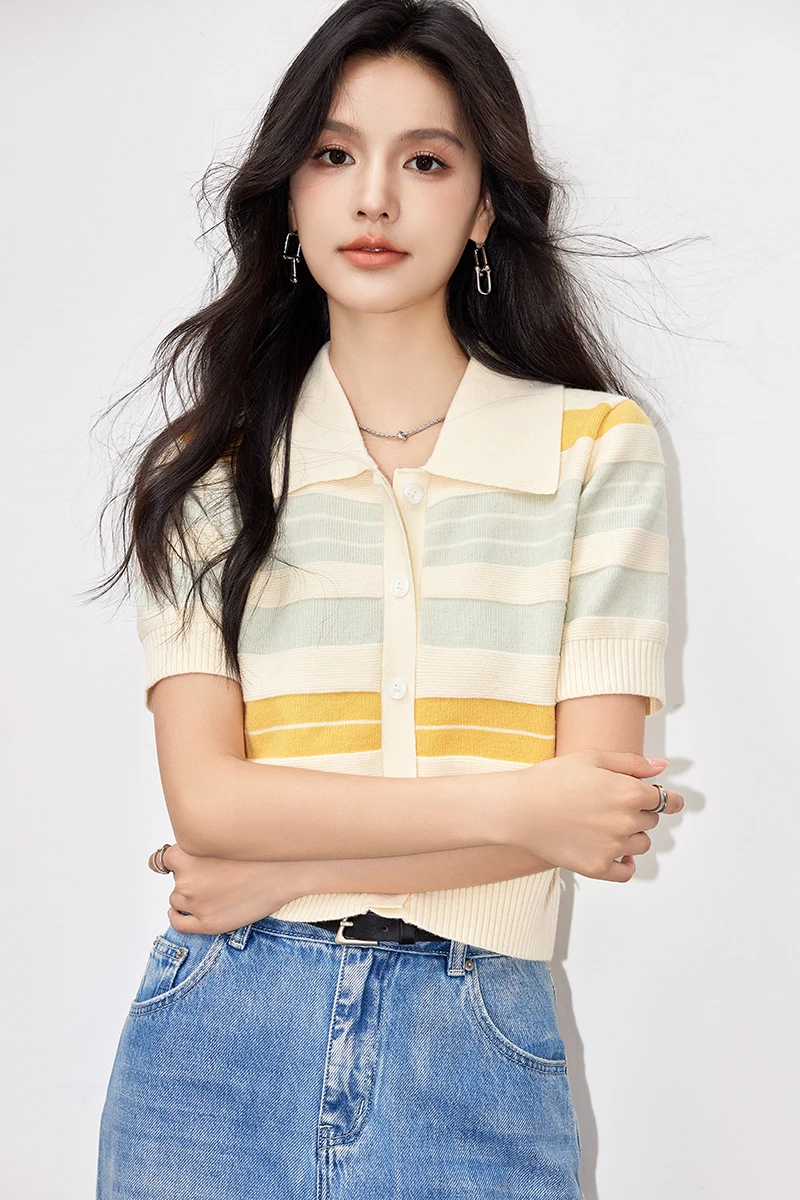 

Harajuku Striped Knitted Cardigan SummerTurn-down Collar Thin Knitwear Tops Tees Women Y2k Casual Short Sleeve Slim Fit T-shirt