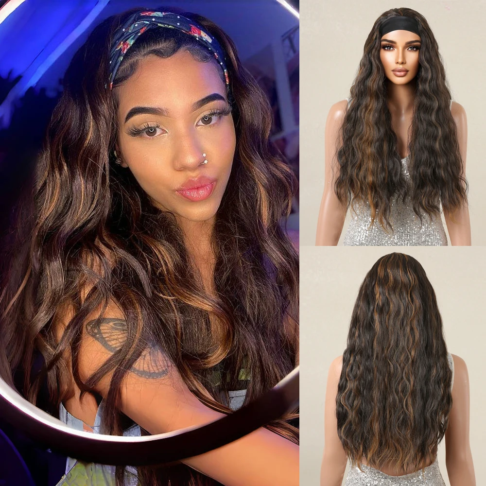 Long Curly Headband Synthetic Wig Mixed Brown Wavy Hair Wigs for Daily Party Use Fake Hair for Black Women Heat Resistant Wigs