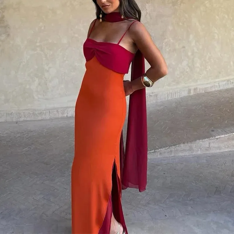 Schickes Kleid mit Schal-Kragen und Trägern, Damen Sexy Tailliertes Schlitz-Kleid, Figurbetontes Langes Kleid 2026, Damen Club-Party Vestidos Neu – Detail 5