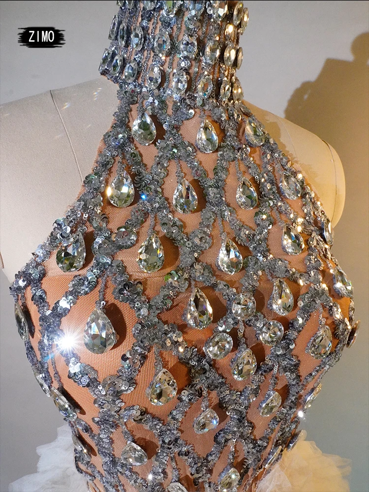 Biała długa sukienka cekinowa kryształowa dwuczęściowa seksowna celebrytka wesele impreza klub urodziny stroje świętowanie drag queen sceniczny