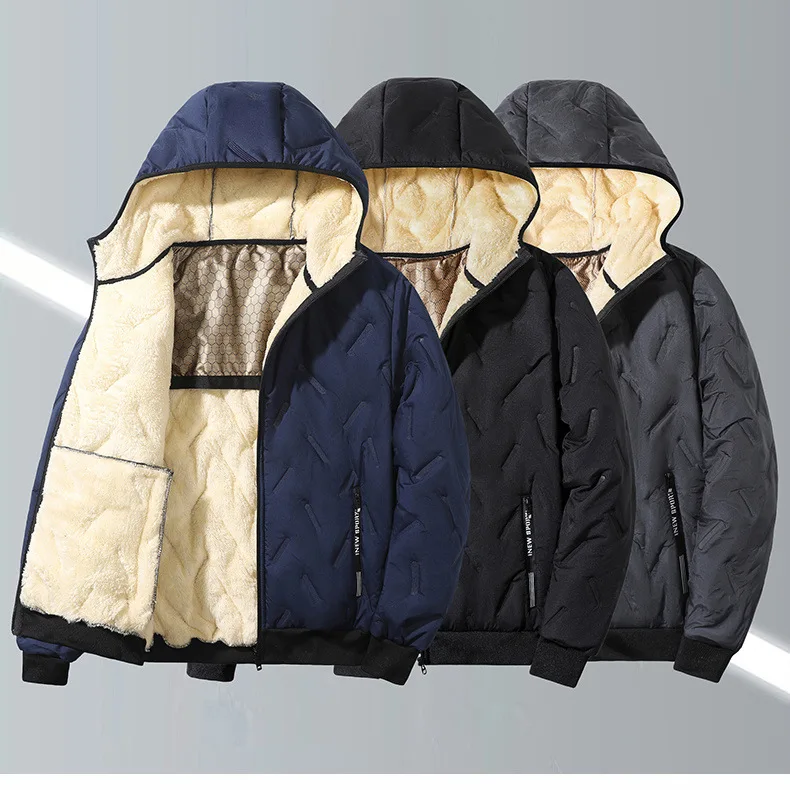 Men Winter Hooded Padded Jacket Waterproof Windproof Quilted Fleece Lined Thick Warm Full Zipper Casual Snow Outerwear for Male