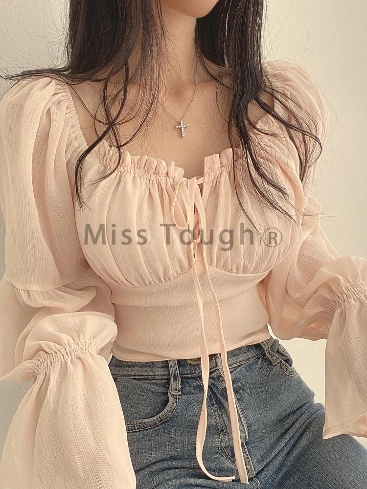 2024 Y2k Aesthetic Fashion Slim T-Shirts Women Ruched Fairy Long Sleeve Solid Casual Tops Female Korean Elegant Office Sexy Tees